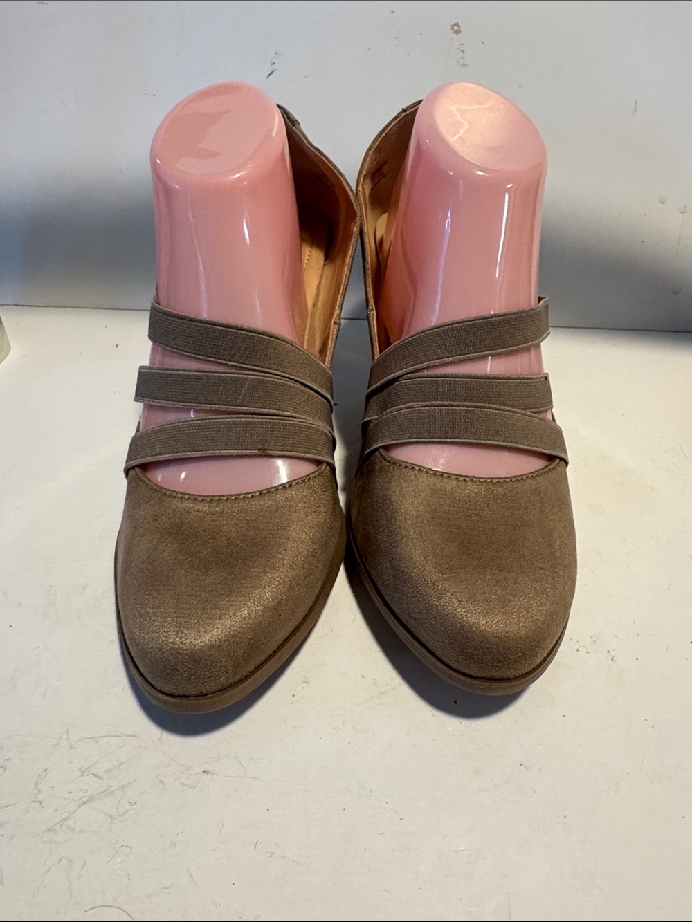 Women's Taupe Suede Pointed Toe Flats with Triple Elastic Straps